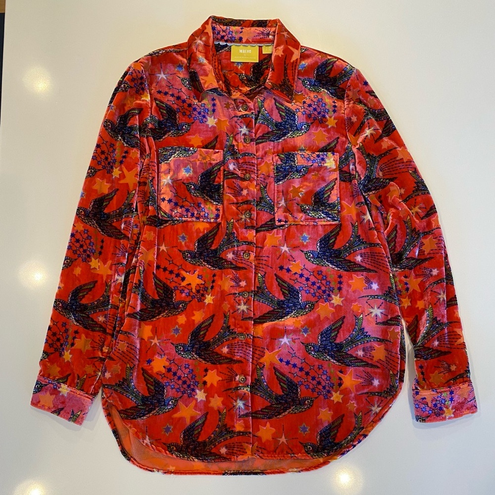 Anthropologie Maeve Size 4 Burnout Velvet Button Down Shirt Birds